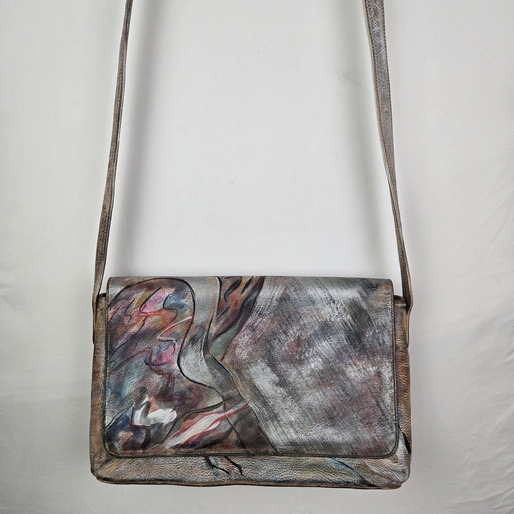 Jane Yoo Painted Leather Crossbody Bag Abstract Metallic Vintage Art to wear